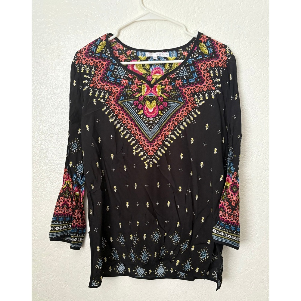 Loveโ Kyla Anthropologie Black Multicolor Viscose Long Sleeve Blouse Boho Indie
